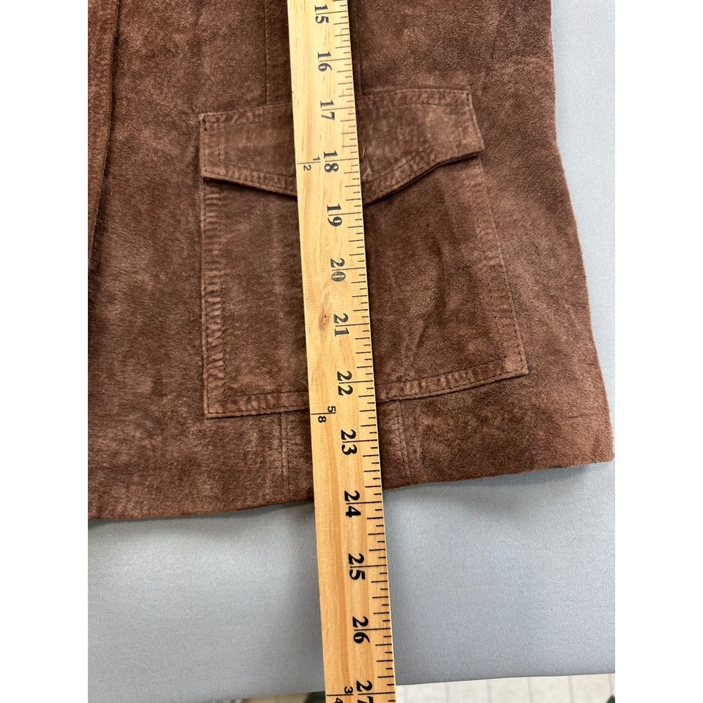 August Silk Logic Brown Suede Jacket Mandarin Collar Utility Pockets Womens - Picture 6 of 8